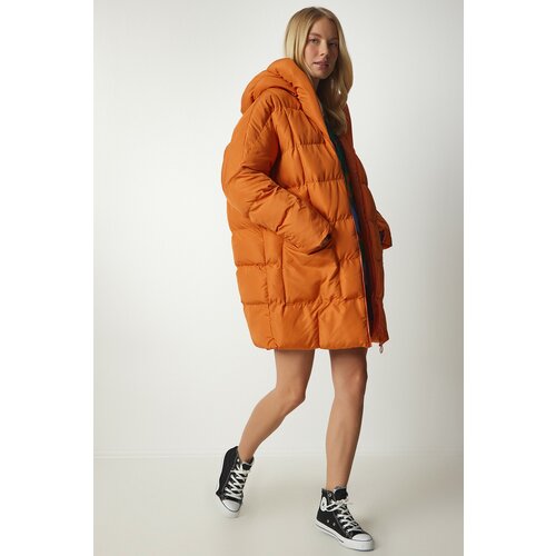 Happiness İstanbul Women's Orange Hooded Oversized Puffer Coat Slike