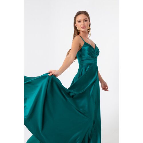 Lafaba Women's Emerald Green Long Satin Evening Dress &; Prom Dress with Thread Straps and Waist Belt Slike