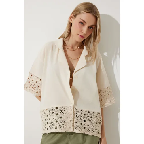  Women's Beige Laced Raw Linen Shirt