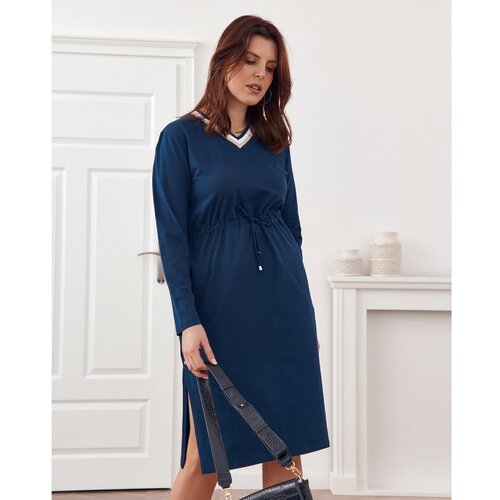 Fasardi Plus Size dress tied at the waist in navy blue Slike
