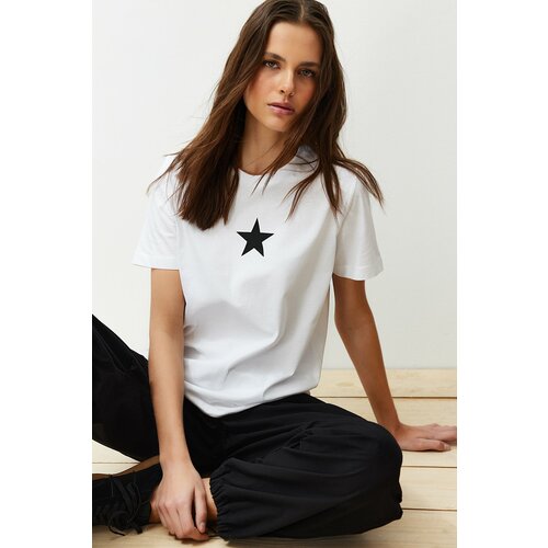 Trendyol white 100% cotton star printed regular/regular fit crew neck knitted t-shirt Slike