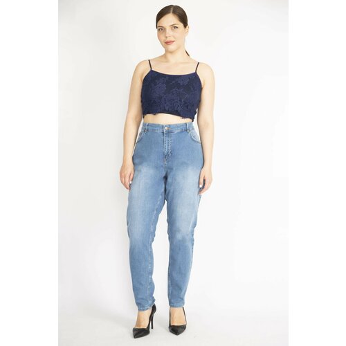 Şans Women's Plus Size Blue High Waist 5 Pockets Lycra Jeans Pants Slike