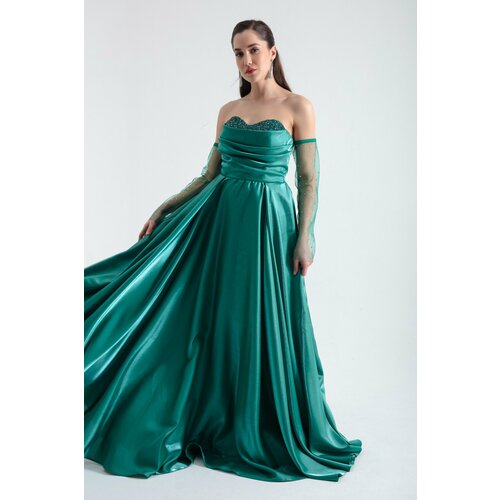 Lafaba Women's Emerald Green Collar Gemstoned Long Sleeves Tulle Evening Dress Slike