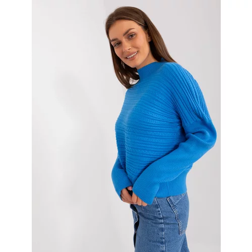 Fashion Hunters Blue women's sweater with asymmetrical turtleneck