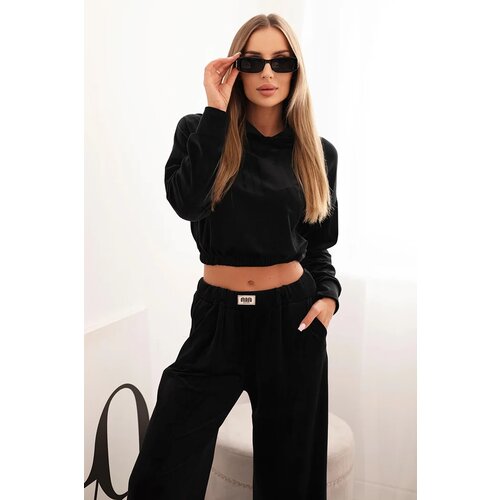 Kesi Włoski Women's velour tracksuit with wide legs and a hooded sweatshirt black Cene
