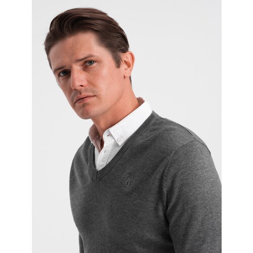 Ombre Men's sweater with a "v-neck" neckline with a shirt collar - graphite Cene