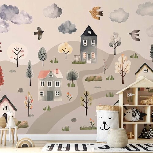  Foto tapeta - Scandinavian Valley - Village in Pastel Colours Painted in Watercolours 294x210 Samoljepljiva Cene