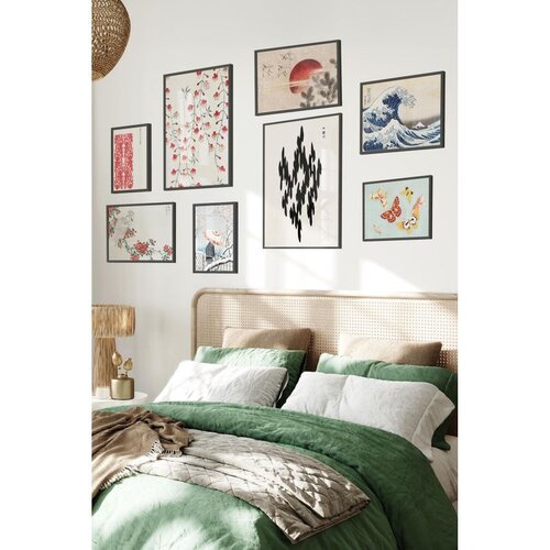 Wallxpert set od 8 uramljenih slika &amp;Ccedil;gs-018, japanski motivi &amp;ndash; veliki talas, crveno sunce, tre&amp;scaron;njin cvet, ždral i leptiri, crni ram Slike