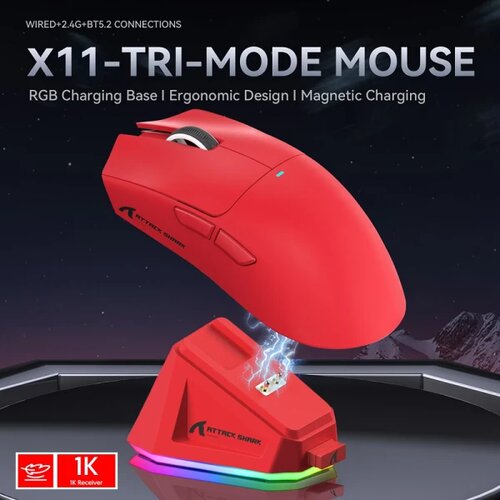 Attack Shark bežični gaming mi&amp;scaron; X11 PAW3311/22000 dpi/trimode/red + charging dock Slike