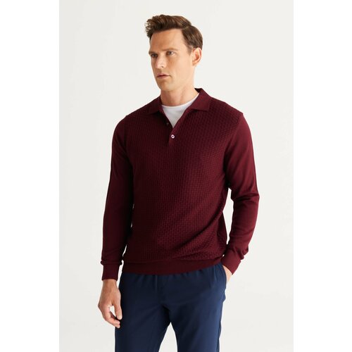 ALTINYILDIZ CLASSICS Men's Claret Red Standard Fit Normal Cut Polo Collar Wool Knitwear Sweater. Cene