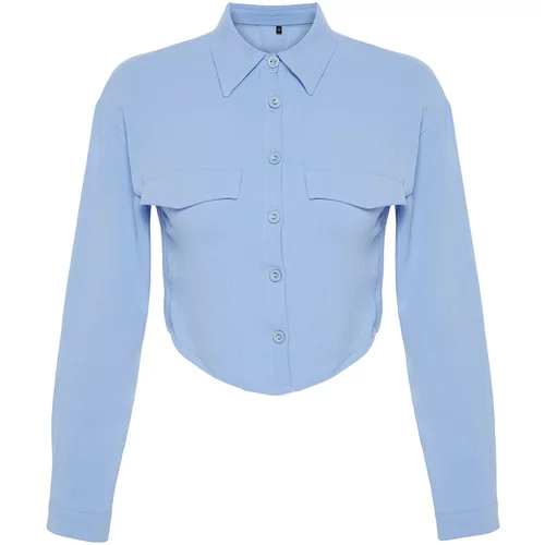 Trendyol Blue Pocket Detailed Crop Woven Shirt