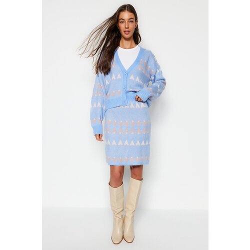 Trendyol Blue Wide Fit Patterned Knitwear Top and Bottom Set Slike