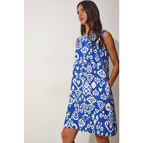 Happiness İstanbul Women's Blue and White Patterned Woven Dress Slike
