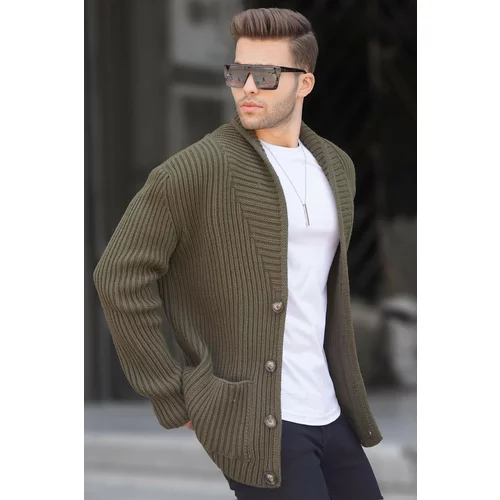 Madmext Khaki Stand-Up Collar Knitwear Cardigan With Pocket 6815