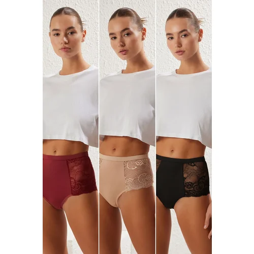 Trendyol Black-Multicolored 3-Pack Jersey Lace Detail Plain Hipster Panties