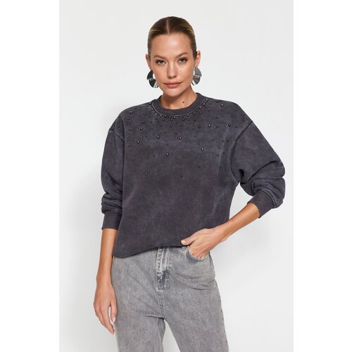 Trendyol Anthracite Anthracite/Faded Effect Thick Knitted Sweatshirt with Pearl Detail, Fleece Inside Slike
