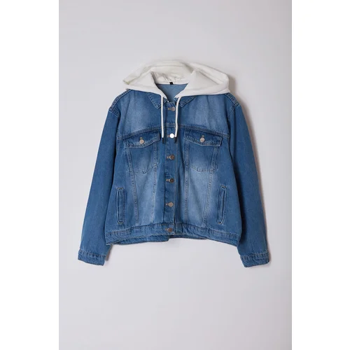 Trendyol Curve Blue Hooded Plus Size Denim Jacket