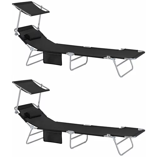 SoBuy Komplet nastavljivih zložljivih ležalnikov za sončenje z senčnikom v črni barvi v obalnem slogu, (21123494)