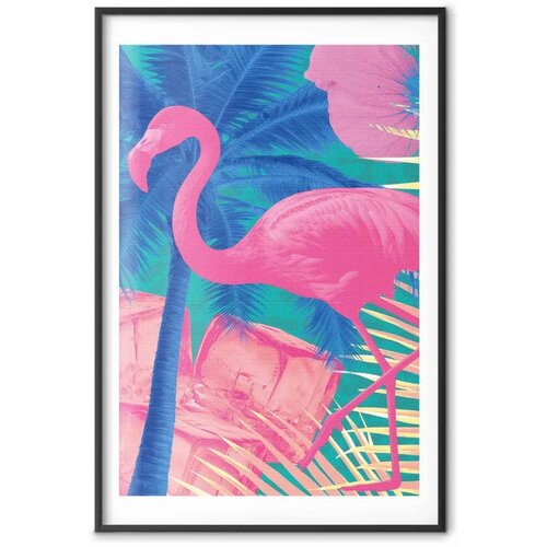  Plakat - Pink Flamingo - abstract flamingo against a background of palm trees and ice cubes 40x60 Crni okvir s margom Slike