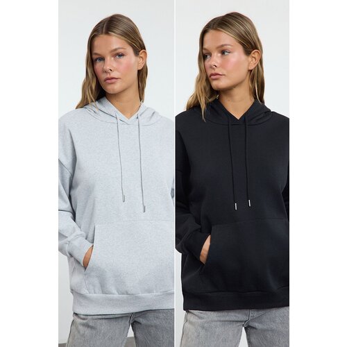 Trendyol Black-Grey 2-Pack Oversize/Wide Pattern Thick Polar Fleece Knitted Sweatshirt Slike