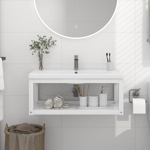 vidaXL stenski kopalniški regal bel 79x38x31 cm železo Cene