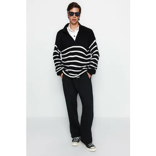 Trendyol Black Men's Oversize Fit Wide Fit Polo Neck Striped Knitwear Sweater.