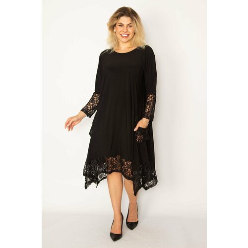 Şans women's large size black lace detailed long sleeve dress Slike