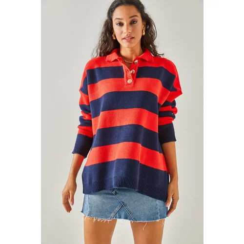 Olalook Women's Red Navy Blue Polo Neck Striped Buttoned Thick Knitwear Sweater