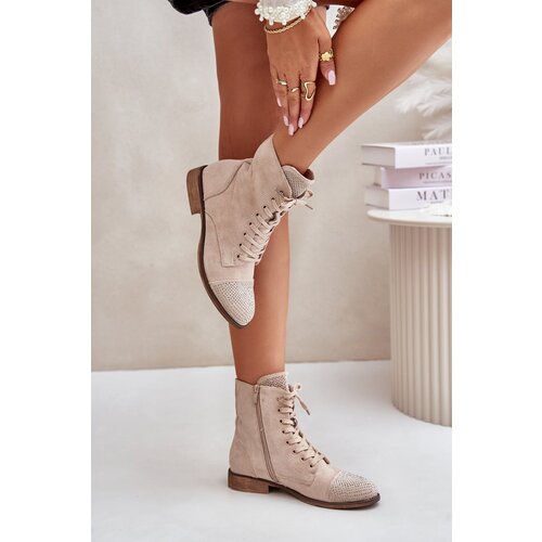 PS1 Decorated Flat Heel Boots Eco Suede Insulated Light Beige Ellieo Slike