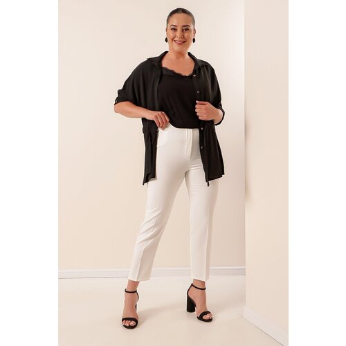 By Saygı Elastic Waist Pocket Length Lycra Plus Size Trousers Ecru Slike