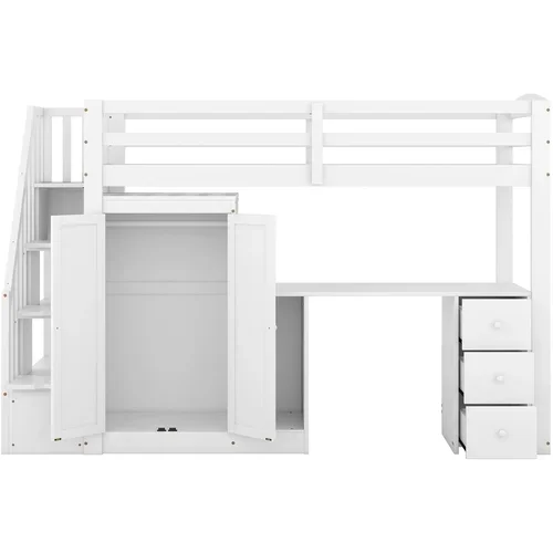 Uytie Pograd 90x200 cm iz borovega lesa - z omaro, pisalno mizo in stopniščem za shranjevanje - Bela, (21221300)