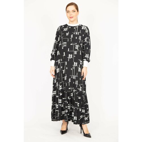 Şans Women's Black Plus Size Woven Viscose Fabric Long Dress With Ribbed Collar And Arm Cuff Cene