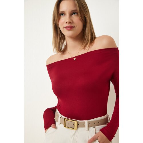 Women's Burgundy Boat Neck Knitted Blouse Slike