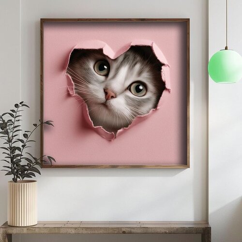 Wallxpert uramljena mdf slika DOS047-50, mače viri kroz rupu u obliku srca na roze pozadini, 50 x 50 cm Cene