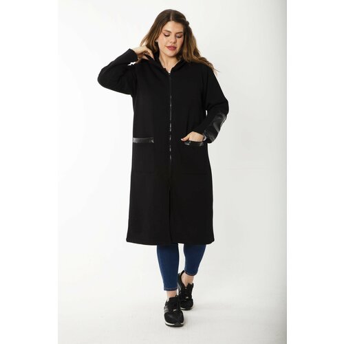 Şans Women's Plus Size Black Front Zippered Hooded Unlined Faux Leather Garnish Coat Cene