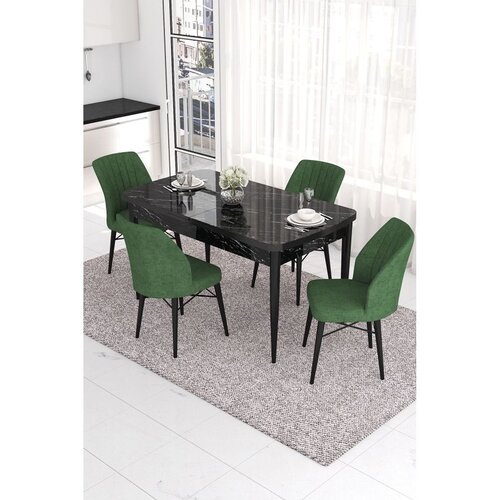 Hanah home trpezarijski set Eva, sto na razvlačenje i 4 stolice, ploča u dekoru crnog mermera, kaki zelena tkanina Babyface Cene