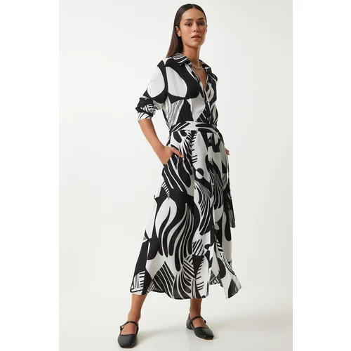 Happiness İstanbul Women's Black and White Patterned Belted Viscose Shirt Dress