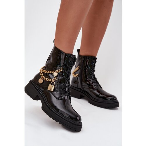 Boto Lacquered Ankle Boots Workers Women's With Golden Chain Insulated Black Sarinae Cene