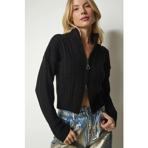 Happiness İstanbul Women's Black Zippered Knitting Pattern Sweater Cardigan