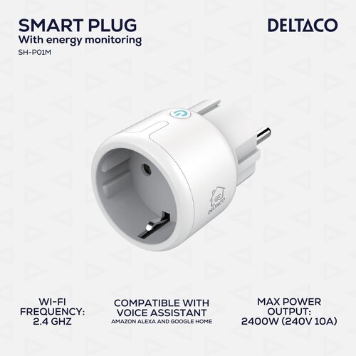 Deltaco SMART HOME mini utičnica za stuju, LED indicator, WiFi 2.4GHz, 1xCEE 7/3, 10A, timer, BIJELA Slike