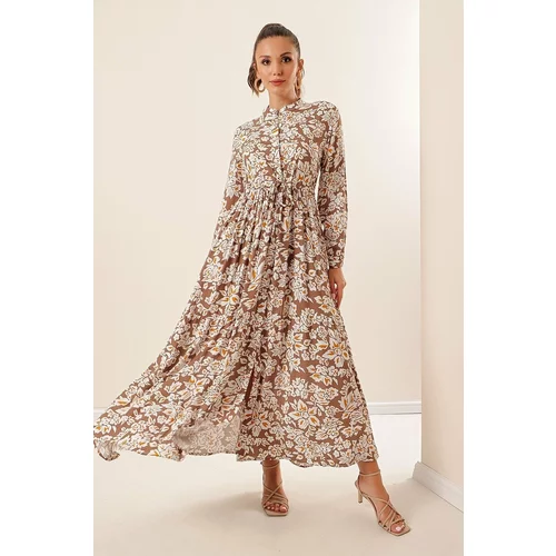 By Saygı Front Buttoned Tied Waist Floral Long Viscose Dress Wide Size Sax