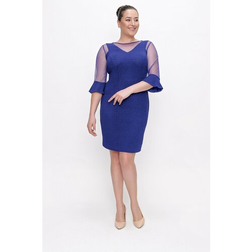 By Saygı Tulle Detail Sleeves And Collar, Plus Size Glittery Dress With Ruffled Sleeves, Lined Saks. Slike