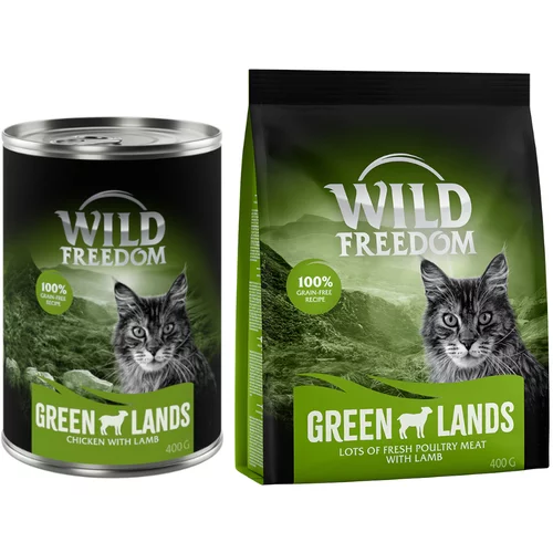 Wild Freedom mokra hrana 12 x 400 g + suha hrana 400 g po posebni ceni! - Green Lands - Jagnjetina & piščanec + jagnjetina - brez žit