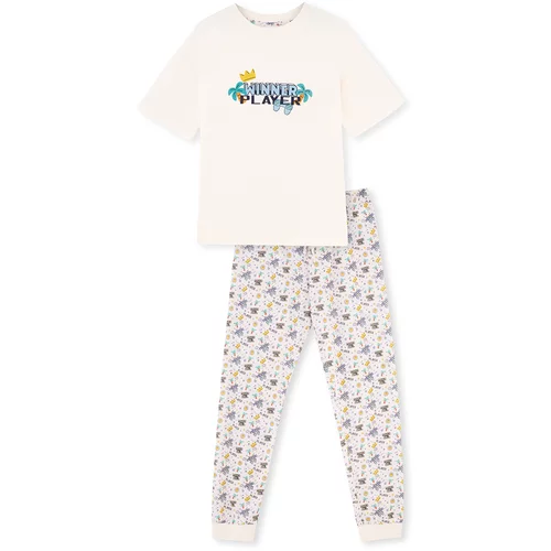 Dagi Ecru Short Sleeve Slogan Printed Combed Cotton Modal Pajama Set