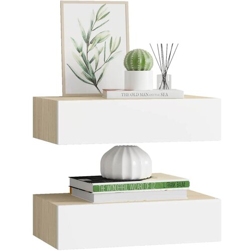  Zidne police s ladicom 2 kom hrast i bijele 40x23,5x10 cm MDF Slike