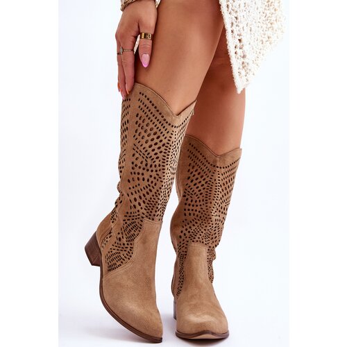 Kesi Suede Cowboy Boots Before The Knee Boots Leewski 3305 Beige Slike
