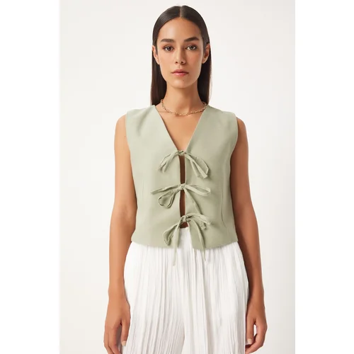 Happiness İstanbul Women's Green Bow Linen Vest