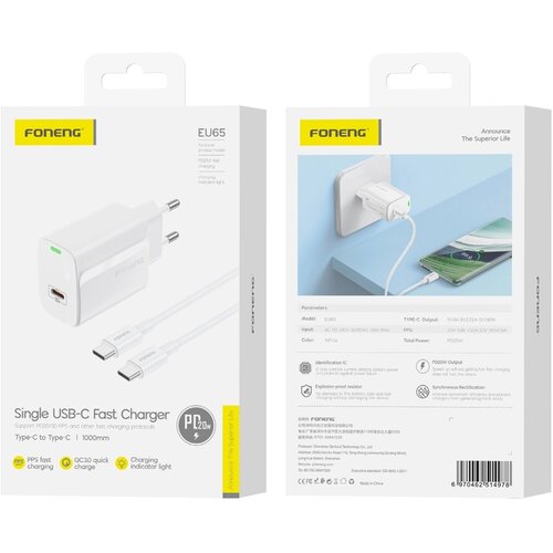 Foneng EU65 PD 20W STENSKI POLNILEC ZA APPLE LIGHTNING + KABEL USB-C, (5000337883) Slike