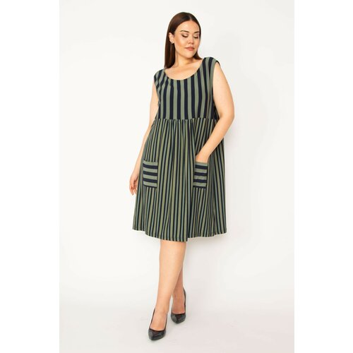 Şans Women's Khaki Plus Size Striped Combine Pocket Dress Slike