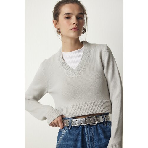 Happiness İstanbul Women's Stone V-Neck Crop Knitwear Sweater Slike